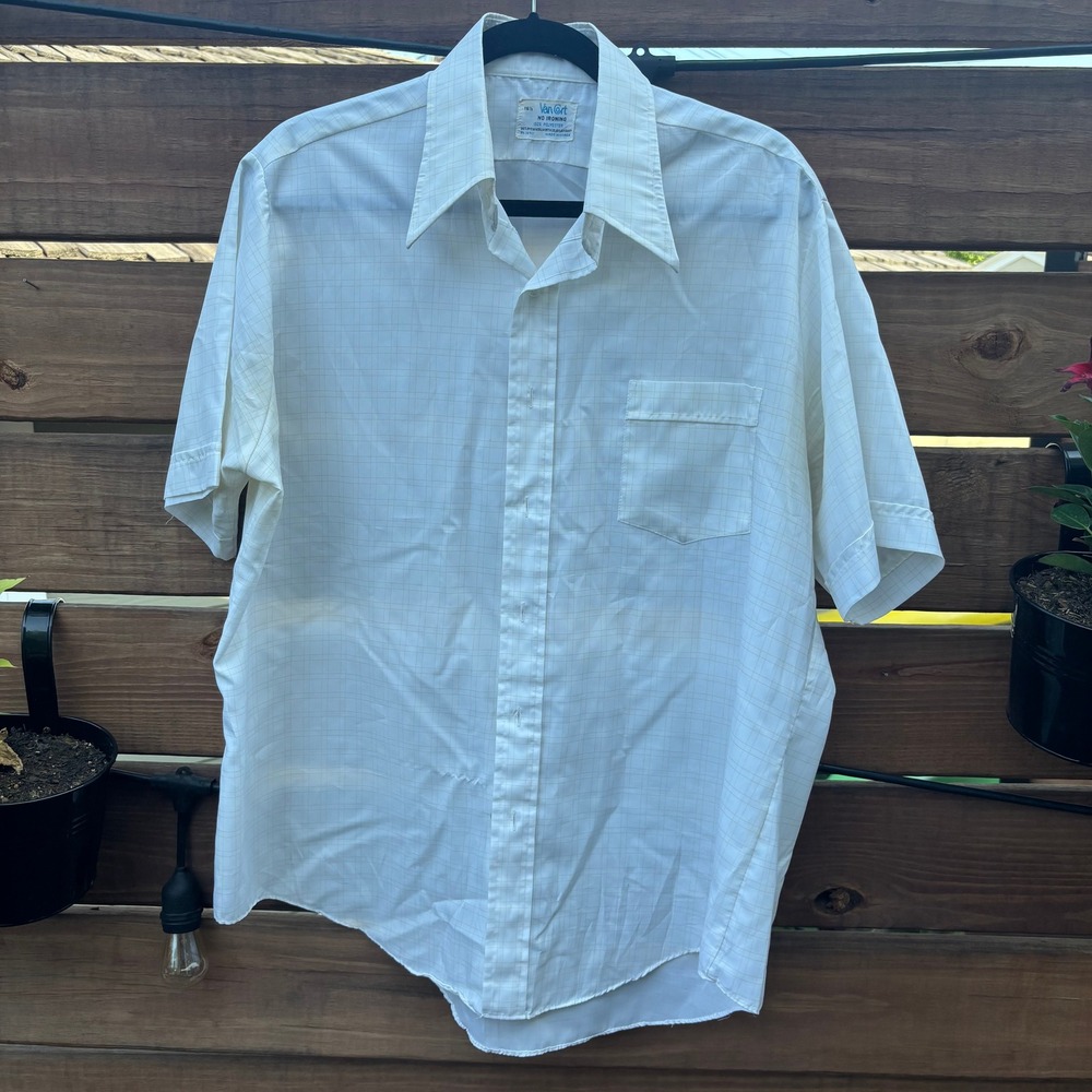 Van Cort Button Down Shirt Mens 16.5 White Grid Good Vintage Short Sleeve Pocket